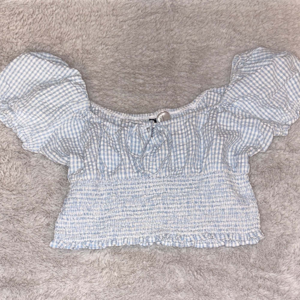 Divided Light Blue Gingham Off-Shoulder Blouse